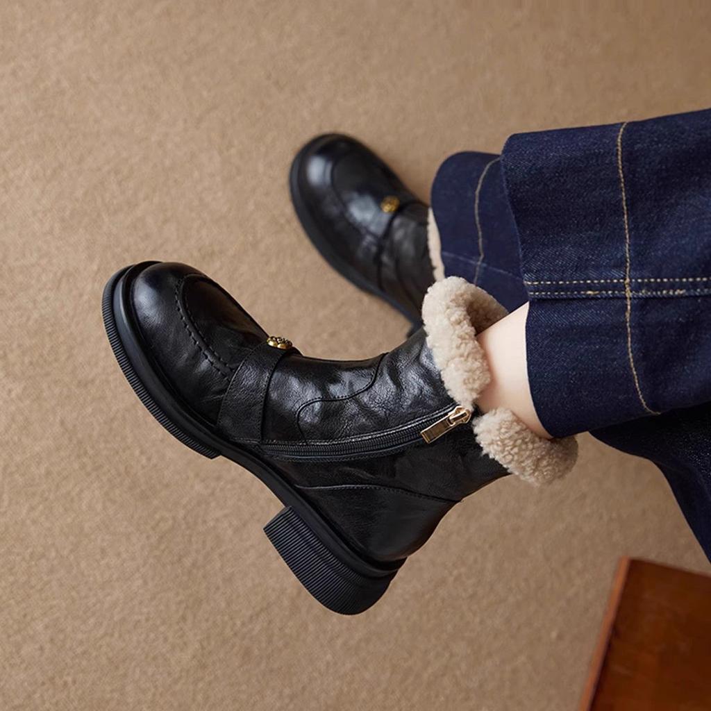 Women Fur Edged Short Plush Ankle Boots for Winter Side Zip Chunky Heel Warm Booties Classic Leisure Short Boot