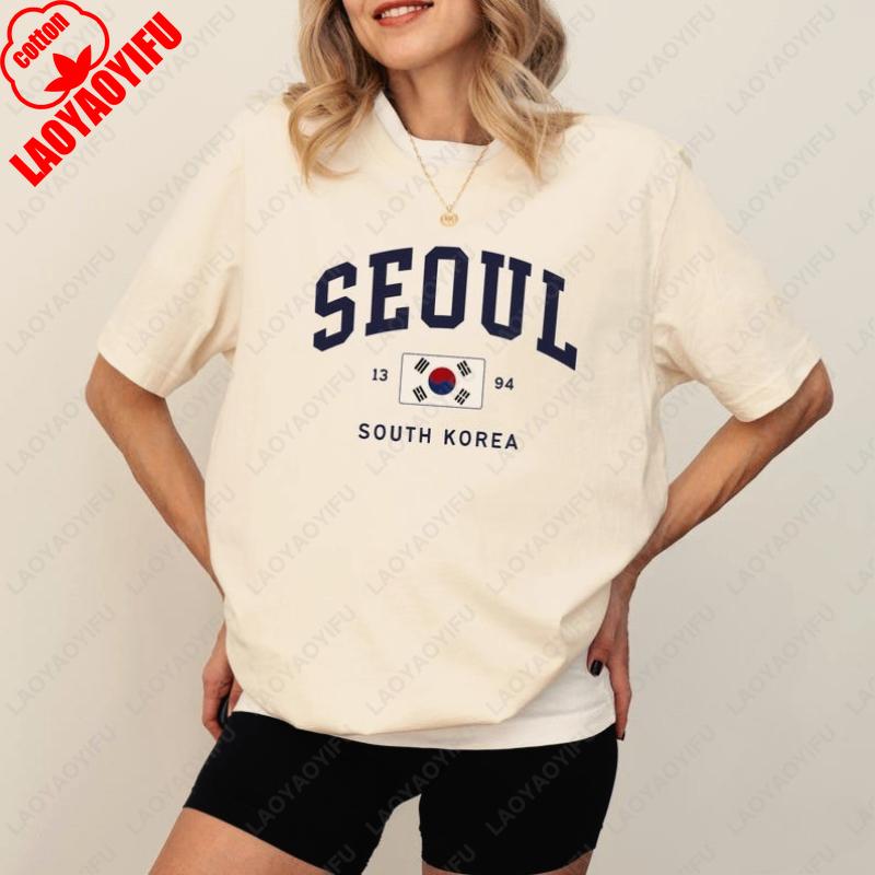 Seoul South Korean Flag Unisex Tees Vintage Classic Fashion Streetwear Tops Unisex Women High Quality Cotton Street Fashion Tshirt