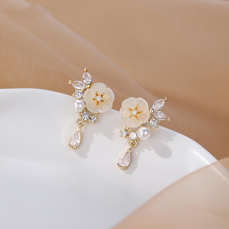Moonlit Magnolia Zircon Pearl Flower Stud Earrings