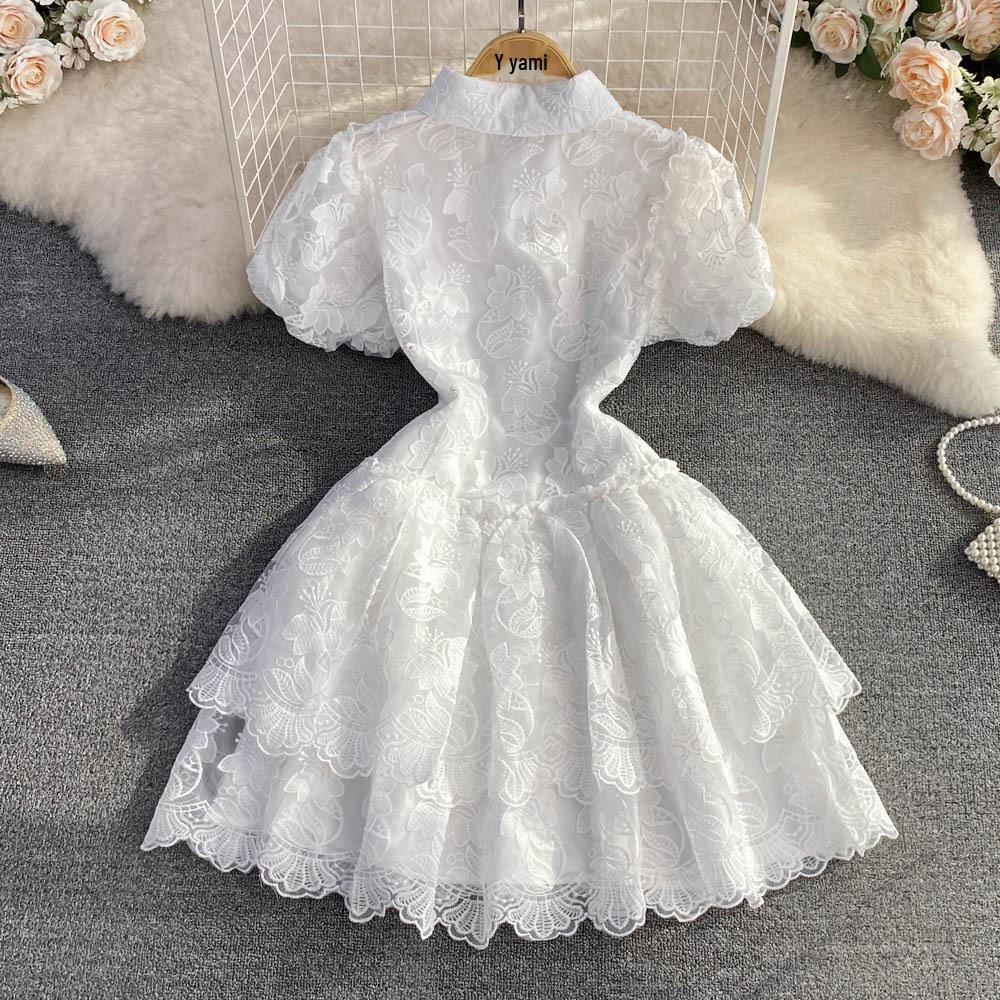 Summer Retro Embroidered Puff Sleeve A-line White Dress
