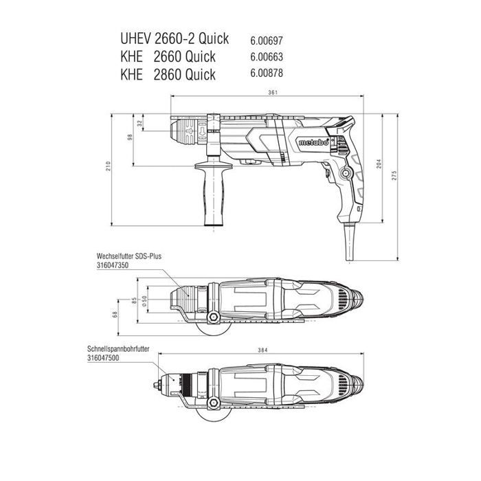 Marteau perforateur combiné - METABO - KHE 2660 Quick - SDS Plus et mandrin à serrage rapide - 3 joules