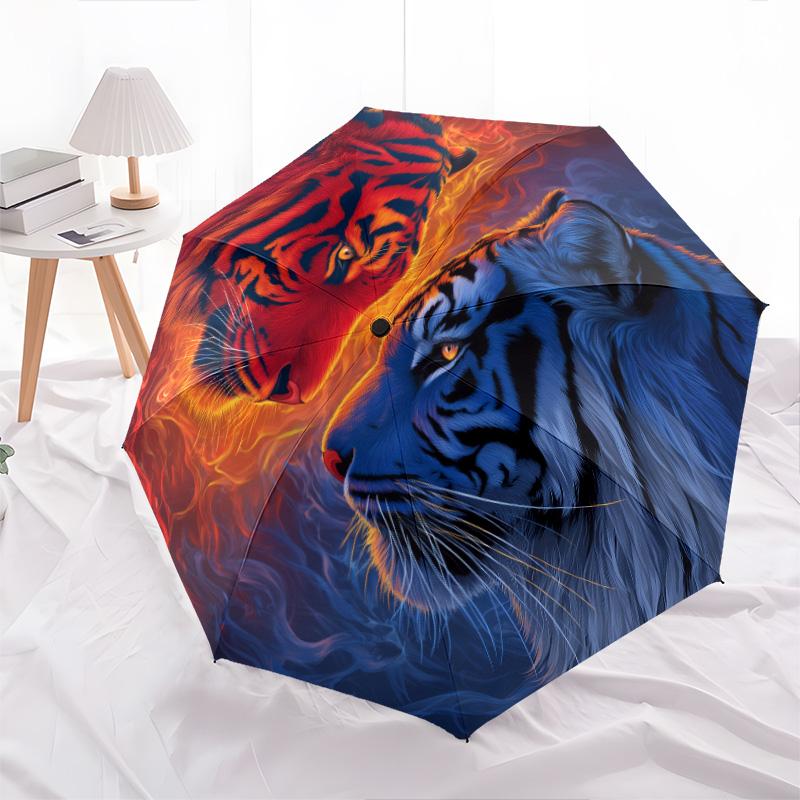 Tiger and Rooster  pattern, automatic folding umbrella, portable and foldable design, 8 ribs, a Christmas or birthday gift.