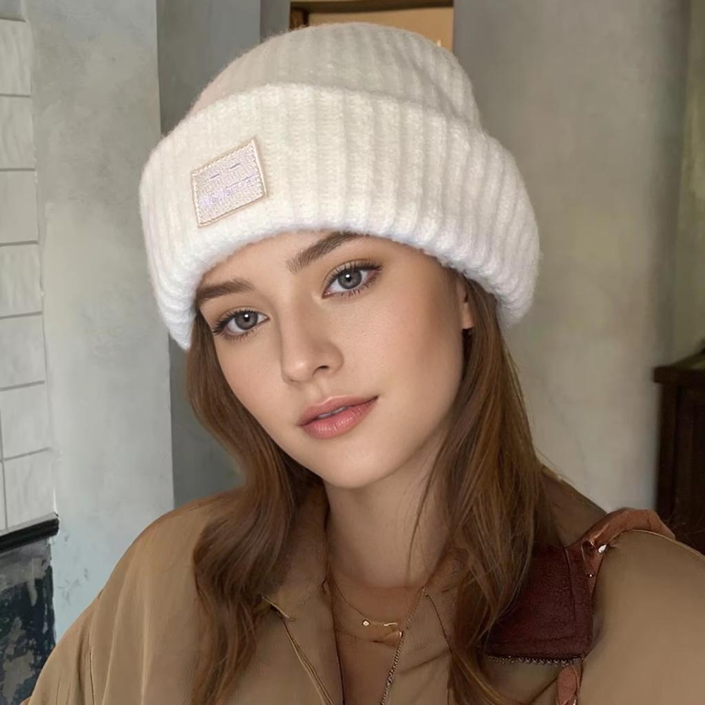 New Style Slouchy Beanie Hats Winter Warm Cap Y2K Cap For Women Solid Color Face Patch Winter Knitted Girl Hats Gift