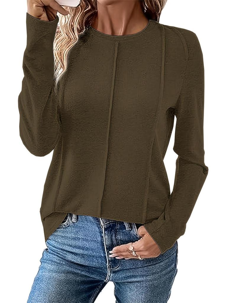 2025 Women's Casual Long Sleeve Pleated Knit Top - Round Neck, Solid Color
