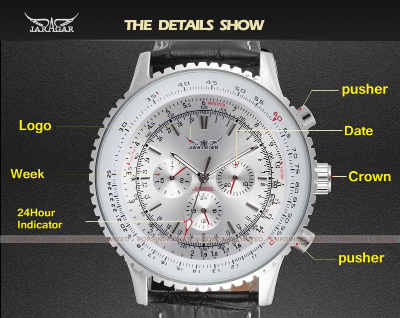 Jaragar Top Brand Luxury Men Mechanical Watches Men's Automatic 6 Hands Genuine Leather Strap Black Auto Date Wristwatches