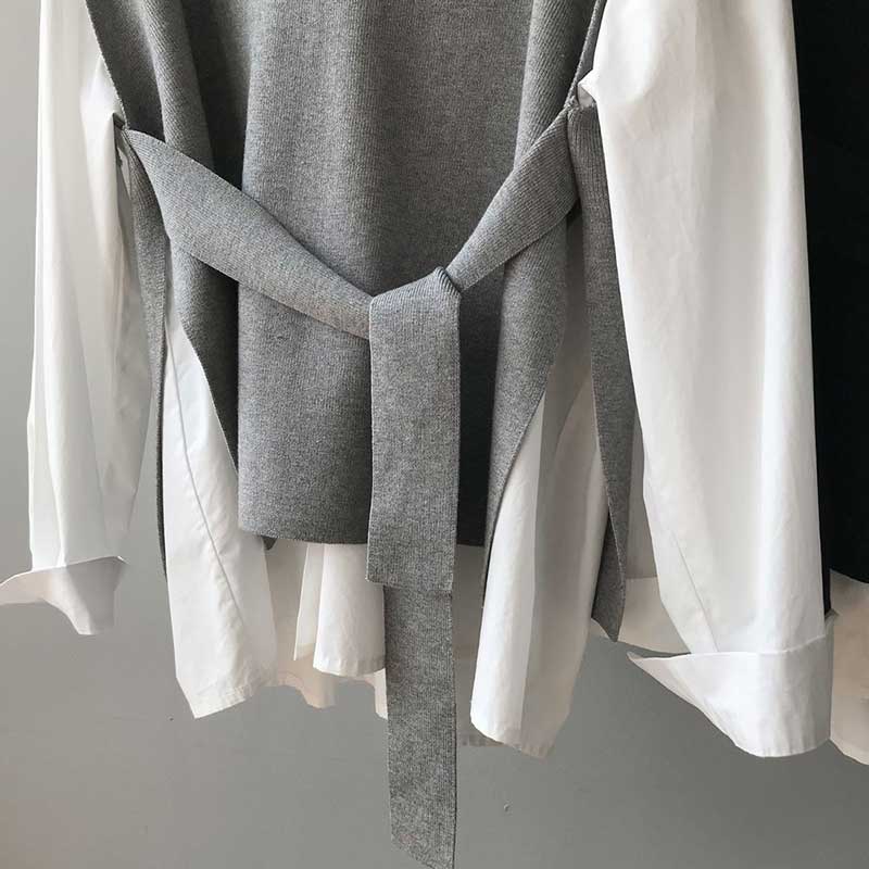 Split Hem Waist Coat with Belt Women's Autumn and Winter V-neck Knitted Vests Outer Wear Korean Version Loose Vest Women's Sleeveless Top