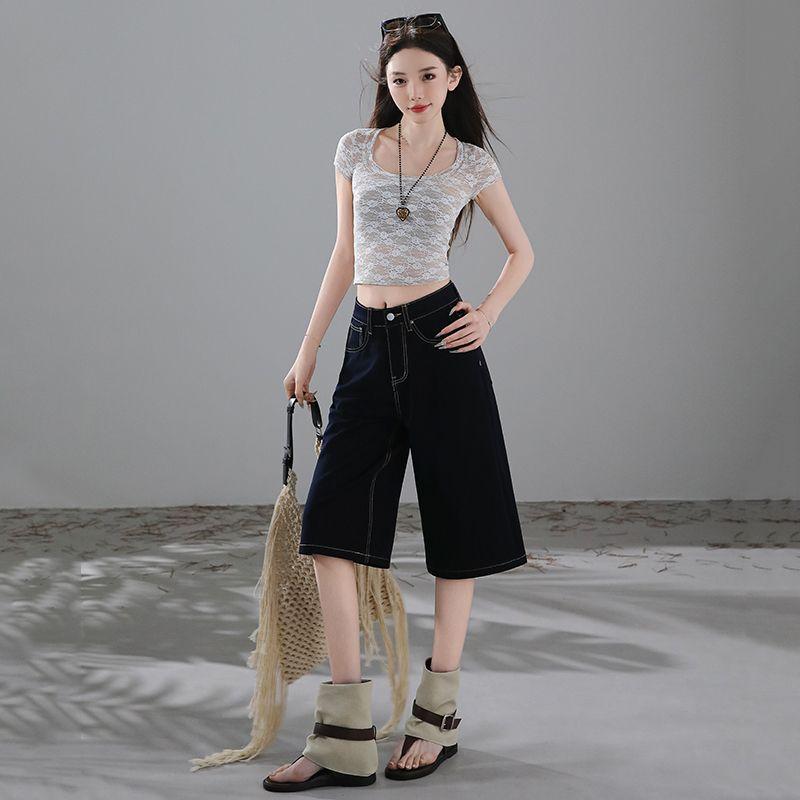 Fashion Vintage Four Way Stretch Thin Fabric Wide Leg Cropped Capri Denim Pants For Women Trendy Versatile Loose Straight Slimming AllMatch Design