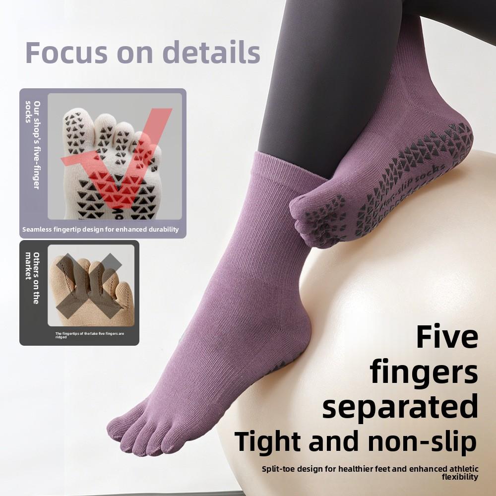 Solid-color Five-finger Mid-calf Socks with Silicone Grip, Yoga Fitness Pure-color Combed Dopamine Yoga Socks