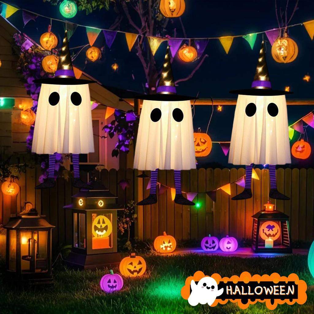 Halloween Ghosts Ornament Glowing Ghosts Pendant Decor With Witch Hat for Tree Horror Holiday Decorations Halloween Ornament for