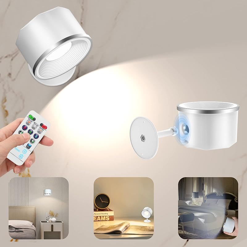LED Wall Mounted Reading Lights, Wall Sconce 4 Color Modes & 3 Brightness, 2 Pack Wall Lights Rechargeable Battery Operated 360°Rotate Cordless