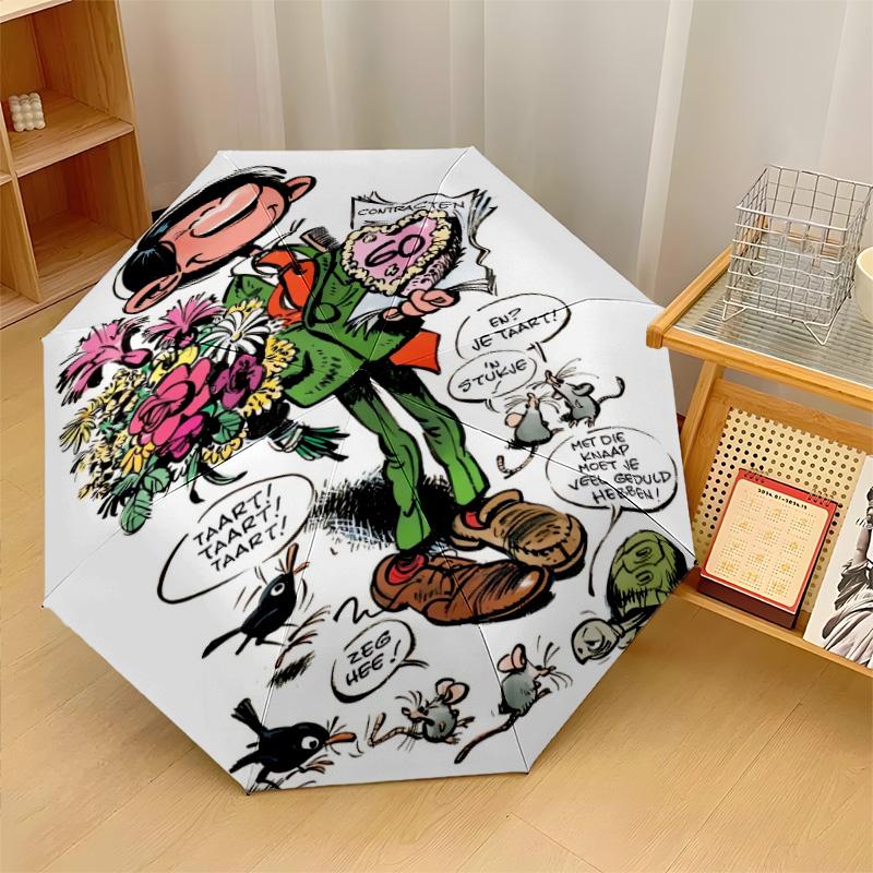 Gaston Lagaffe Winddichter Automatischer 8-Rippen Faltbarer Regenschirm Tragbarer Outdoor Sonnenschirm
