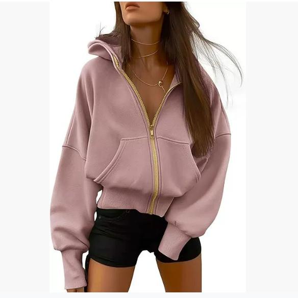 Women's Zipper Hooded Long-sleeved Short Sweatshirt Wool Hooded Jacket Fashion Autumn and Winter Clothes