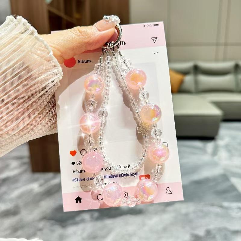 Premium luminous beads double chain crystal mobile phone chain lanyard short key bag mobile phone case lanyard anti-lost new