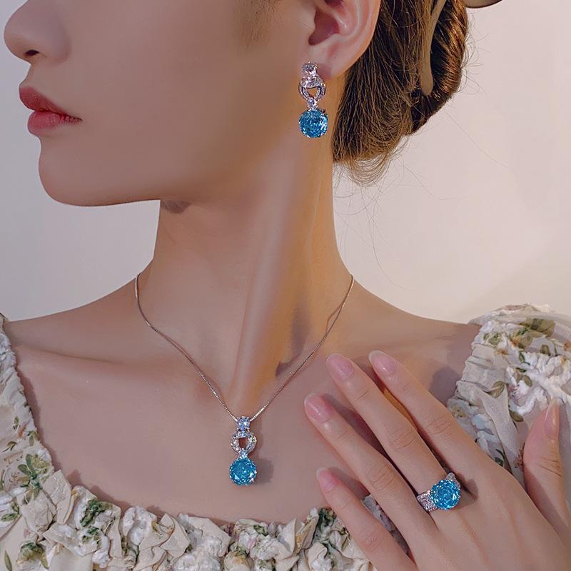 Schmuck Kupferboden Vergoldet Simulation Millennium-Schliff Meerblau Rund Retro Set Hauptstein 12 mm