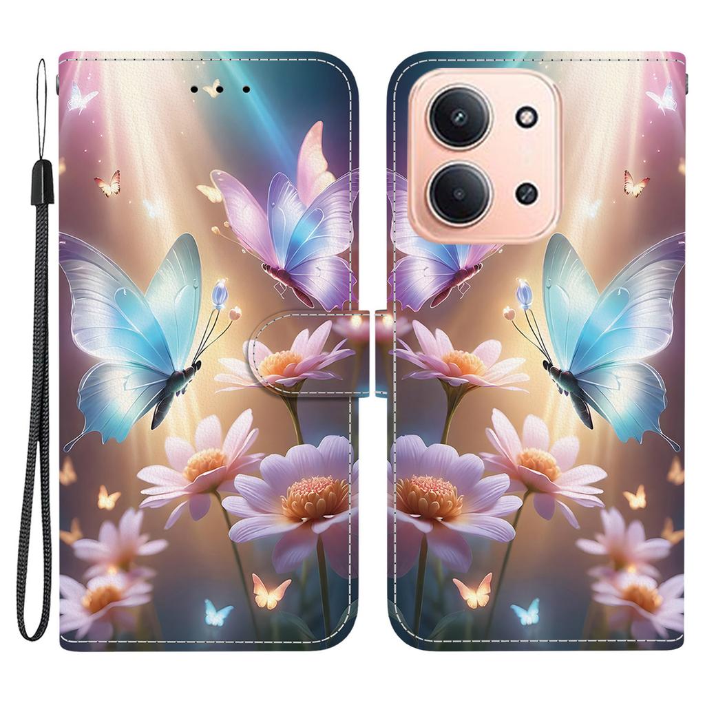 Pro Xiaomi Redmi 15C 5G (EU) (173 mm)/15C 4G (EU) (173 mm) Pouzdro Vzorový Potisk Kožená Peněženka Kryt na Telefon s Šňůrkou