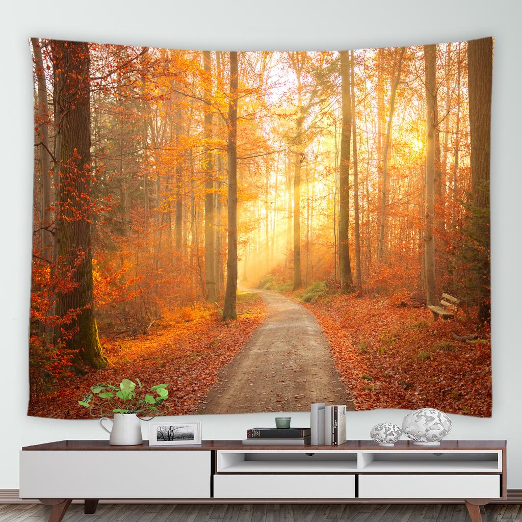 Psychedelic Forest Nature Rural Tapestry Home Landscape Wall Art Mural Blanket Yellow Red Maple Autumn Tapestry