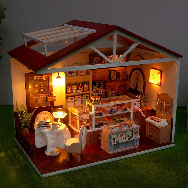 DIY Wooden Miniature Model Kit Convenience Stores Casa 3D Puzzle Doll Houses With Furniture Lights for Friends Birthday Gifts