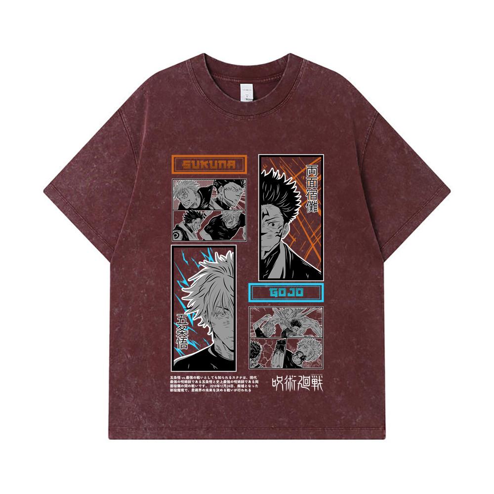 275 GSM Washed T-shirts 100% Cotton Jujutsu Kaisen V33 Gojo Sukuna Print Unisex Heavy Cotton T Shirt