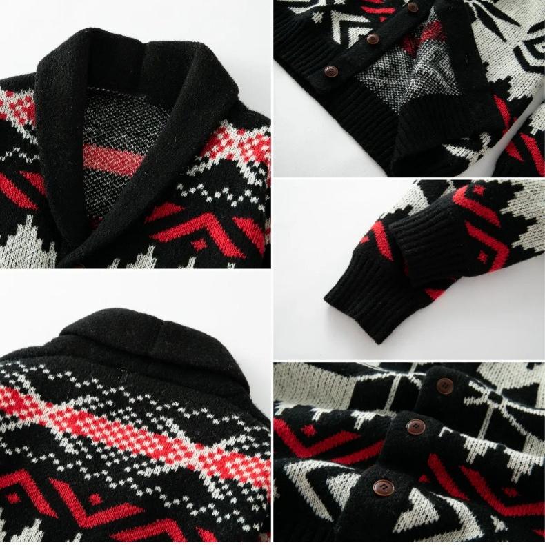 Men's Jacquard Pattern Cardigan Sweater Button Down Knitted Sweaters Fall Winter Long Sleeve Shawl Collar Sweater Cardigans for Male Knit Jackets