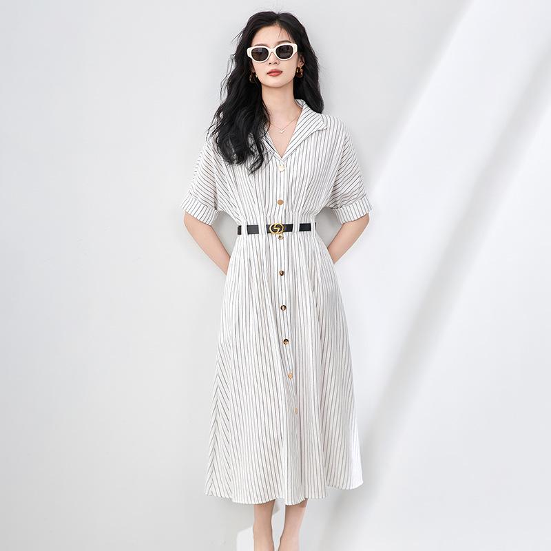 

Women s Summer Striped Shirt Dress - High-End, Single-Breasted with Waist-Defining Fit S