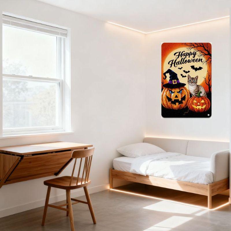 Halloween Tin Sign Spooky Moon Tree Bats Pumpkins Cat Decor Metal Wall Art for Home Bar Pub Decoration 8x12 Inch