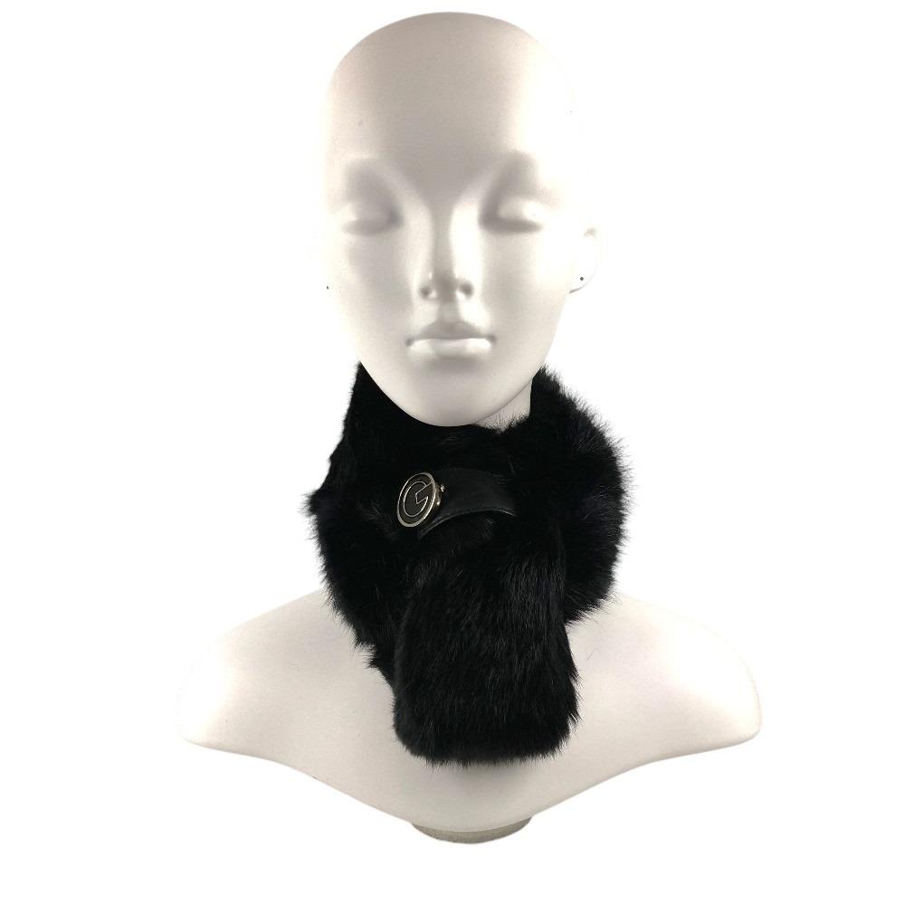 GUCCI 185746 G logo Fur tippet  Scarf fur Black