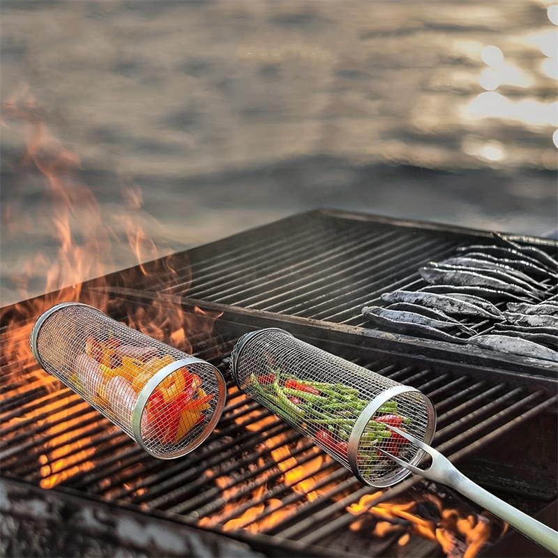 BBQ Rolling Grill Basket Stainless Steel Wire Mesh Barbecue Rack with HooK Portable Outdoor Camping Picnic Cookware Cooking Tool