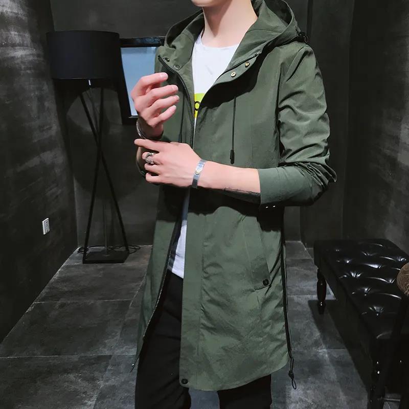 

Весенняя мужская водонепроницаемая ветровка с капюшоном куртка повседневная свободная удобная парка однотонное трендовое пальто длинное L армия зеленый