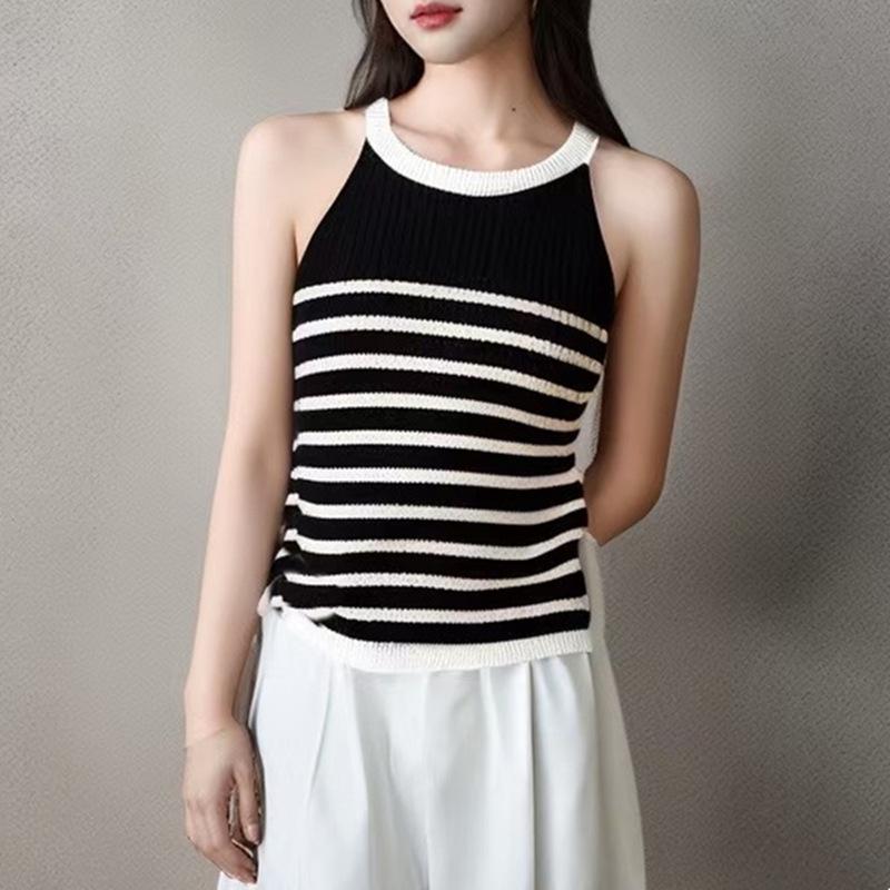 Women's Halterneck Striped Ice Silk Knit Camisole - Sleeveless Top, Covers Armpit Fat, Ideal Summer Outerwear