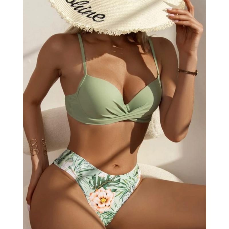 Dámská sada bikin s květinovým potiskem Sexy třídílná plážová pokrývka nahoru Push Up Léto s dlouhým rukávem Twist plavky