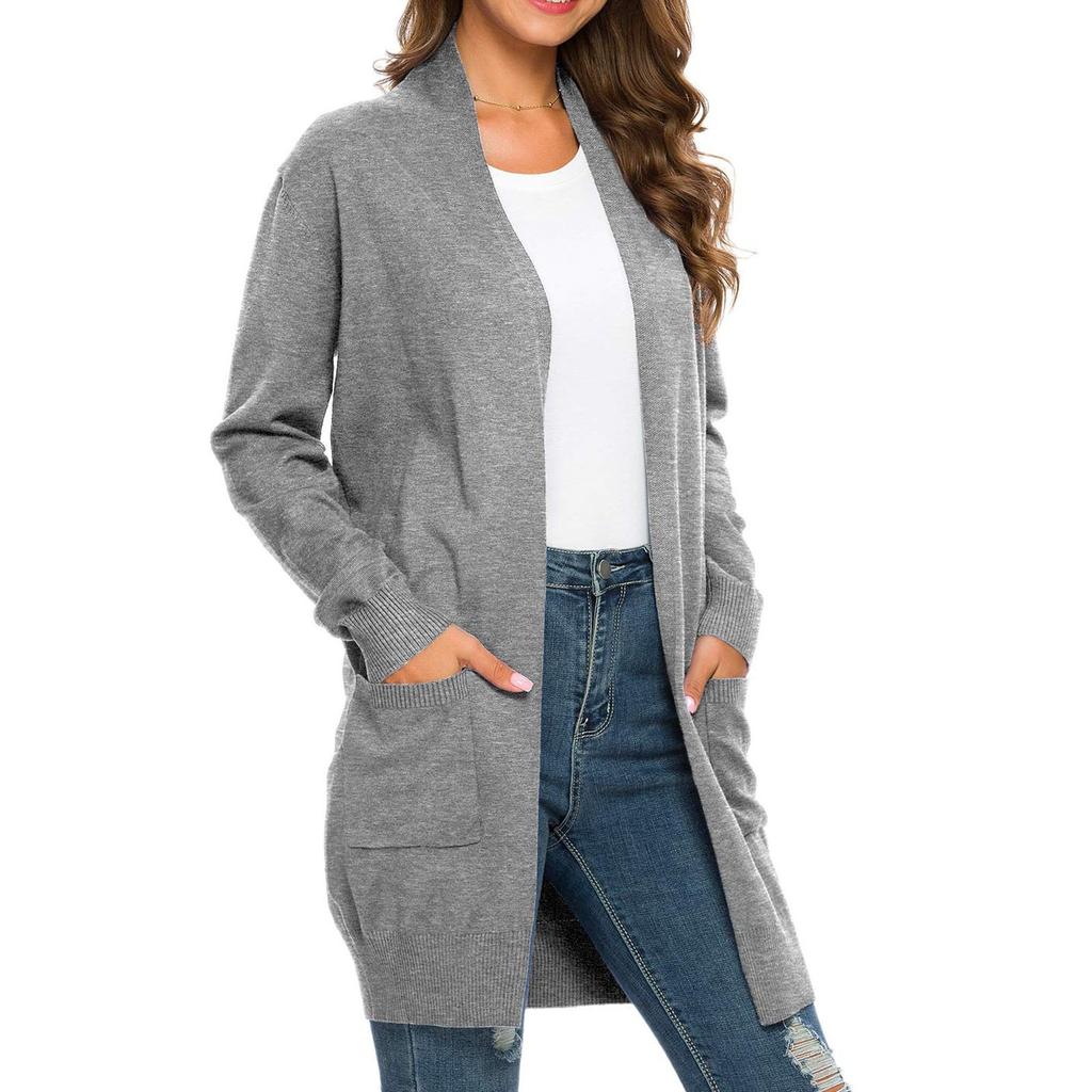 Women Open Front Long Knit Cardigan Sweater With Pockets