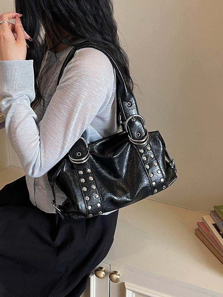 Korean Style Rivet Handbag: Large Capacity, Versatile Shoulder & Underarm Bag for Women - High-Quality, Trendy Motorcycle Design