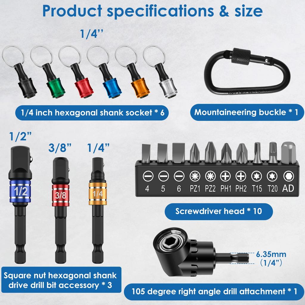 21Pcs 1/4 Inch Hex Shank Screwdriver Bit Holder Zinc Alloy Bit Holder Keychain with 1/4inch 3/8inch 1/2inch Drill Socket Adapter