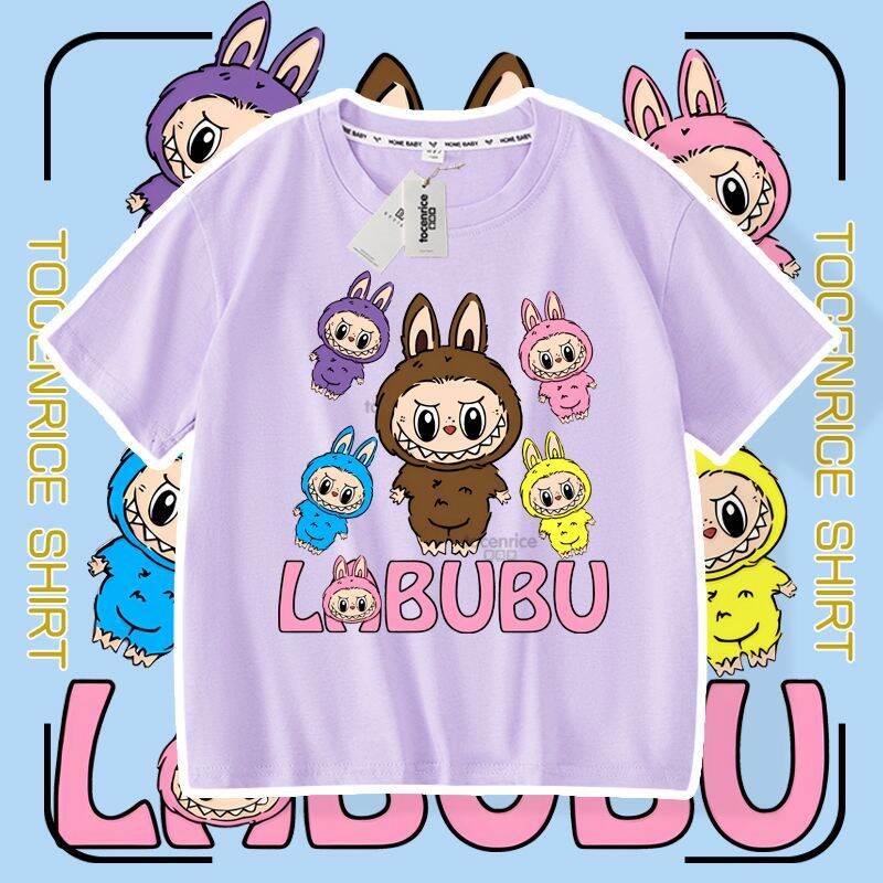 Summer New Cartoon Labubu Loose Short-sleeved T-shirt Girls Children's Casual Tops Fashion Breathable Round Neck