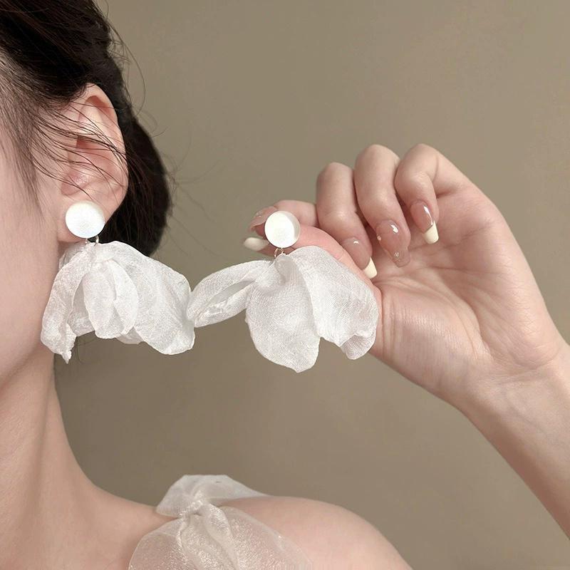 Exquisite Summer Flower Earrings Sweet Chiffon Dangle Drop Earrings For Women Boho Tassel Ear Jewelry Beach Party Accessories