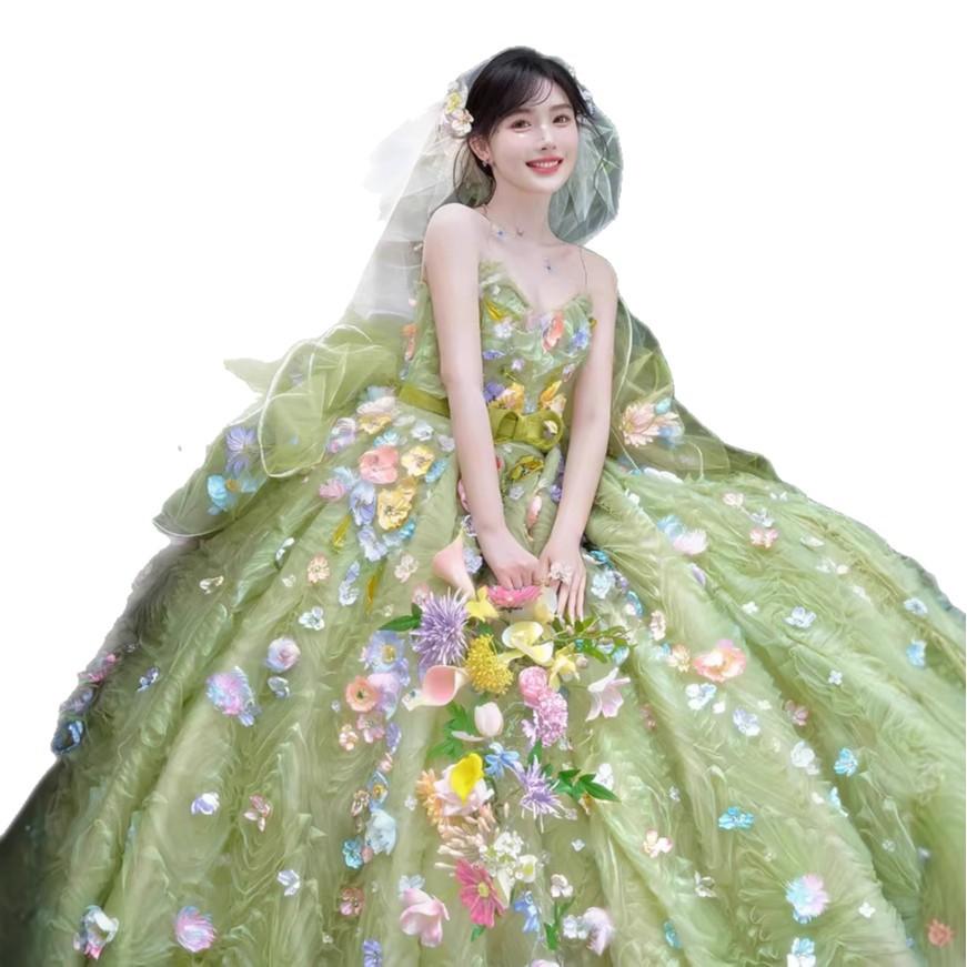 French Flower Fairy Wedding Dress Clothing Korean Travel Photography Light Wedding Dress Green Mori Color Dress