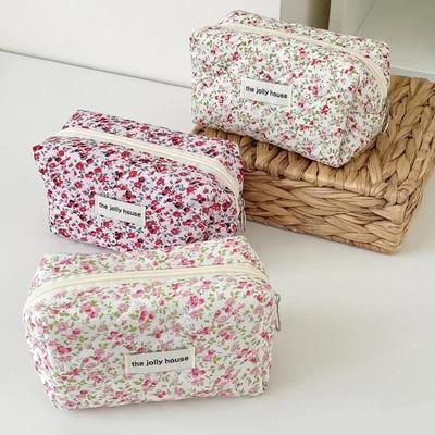 Trousse de maquillage matelassée à fleurs, organiseur de voyage portable, trousse de toilette pour cosmétiques, sac à main mignon pour maquillage, sacs floraux