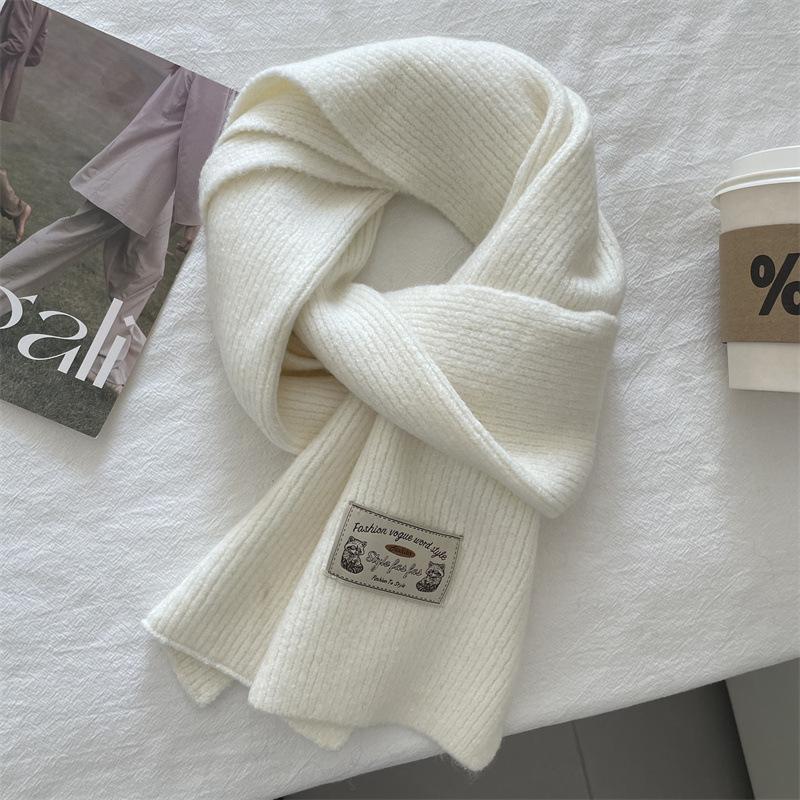 Korean version contains knitted wool solid color scarf women's winter thickened warm versatile high sense white scarf tide
