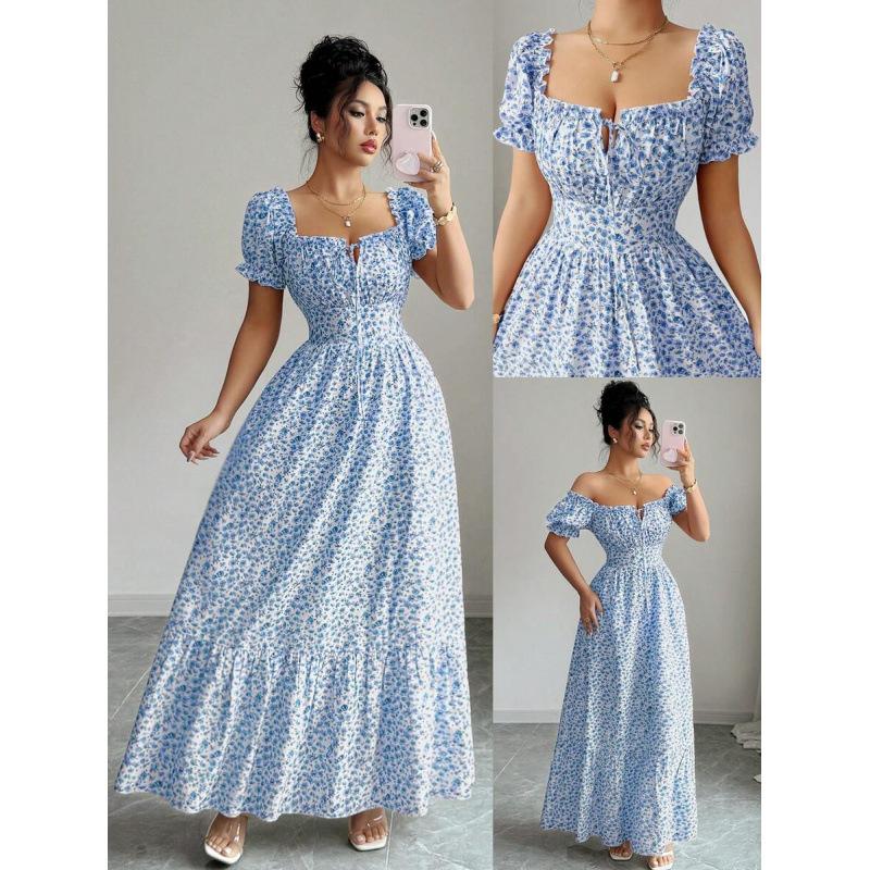 European and American digital printing bubble sleeve lace-up halter elegant chic holiday style slim dress S