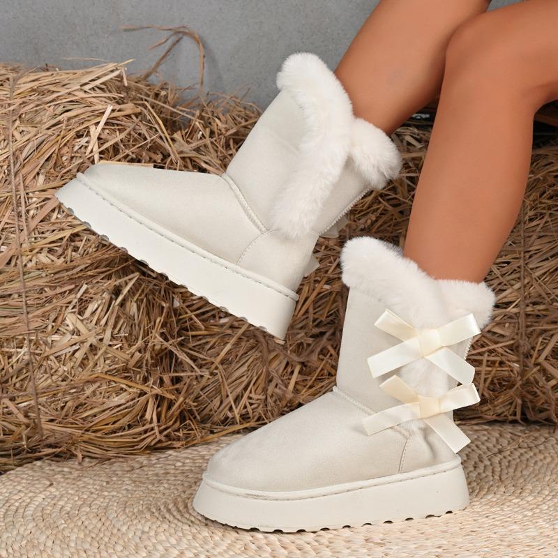 Plus Size Snow Boots Winter New Round Toe Suede Sleeve Bow Platform Non-Slip Flat Cotton Shoes