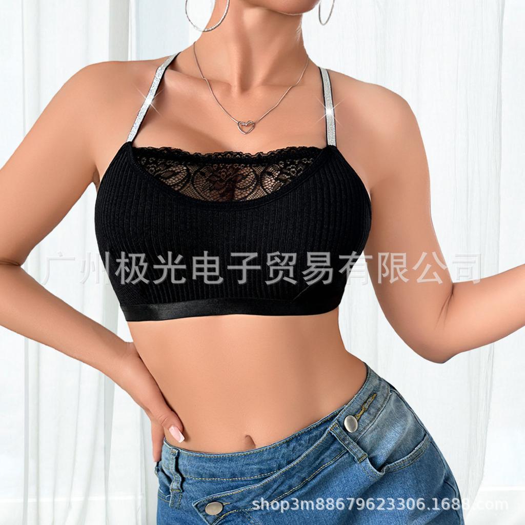 Women Ribbed Lace Patchwork Wireless Y Back Bralette
