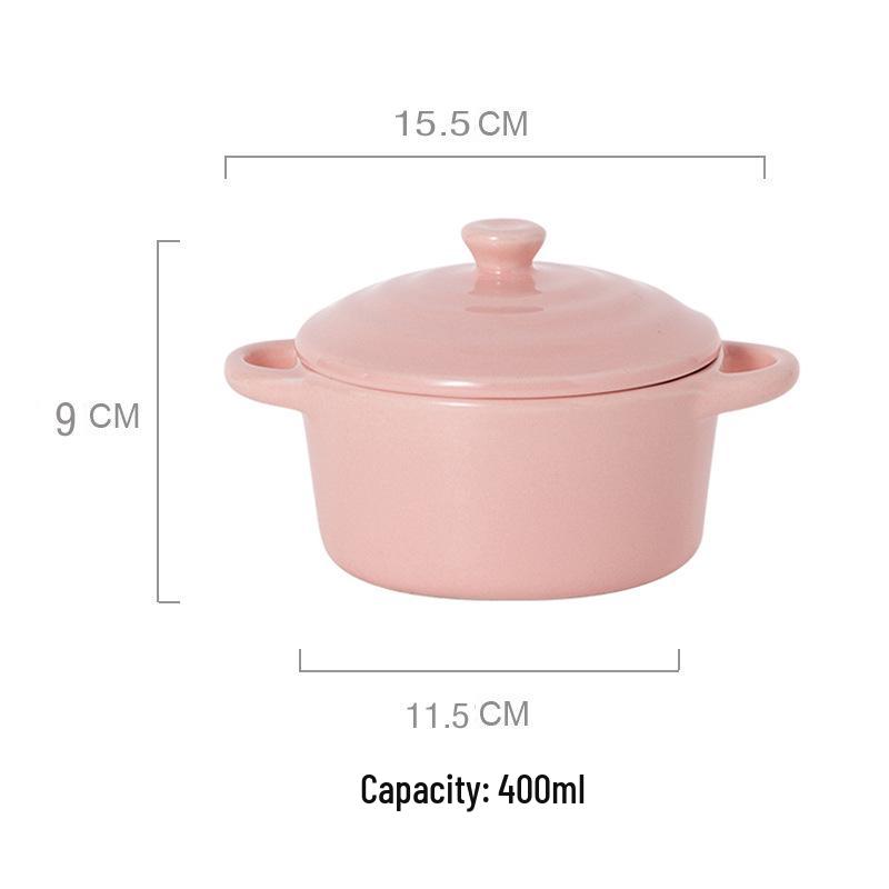 Ceramic Double-Ear Baking Bowl with Lid (400-600ml) - Anti-Scald Soup, Egg, Pudding, Stew Pot