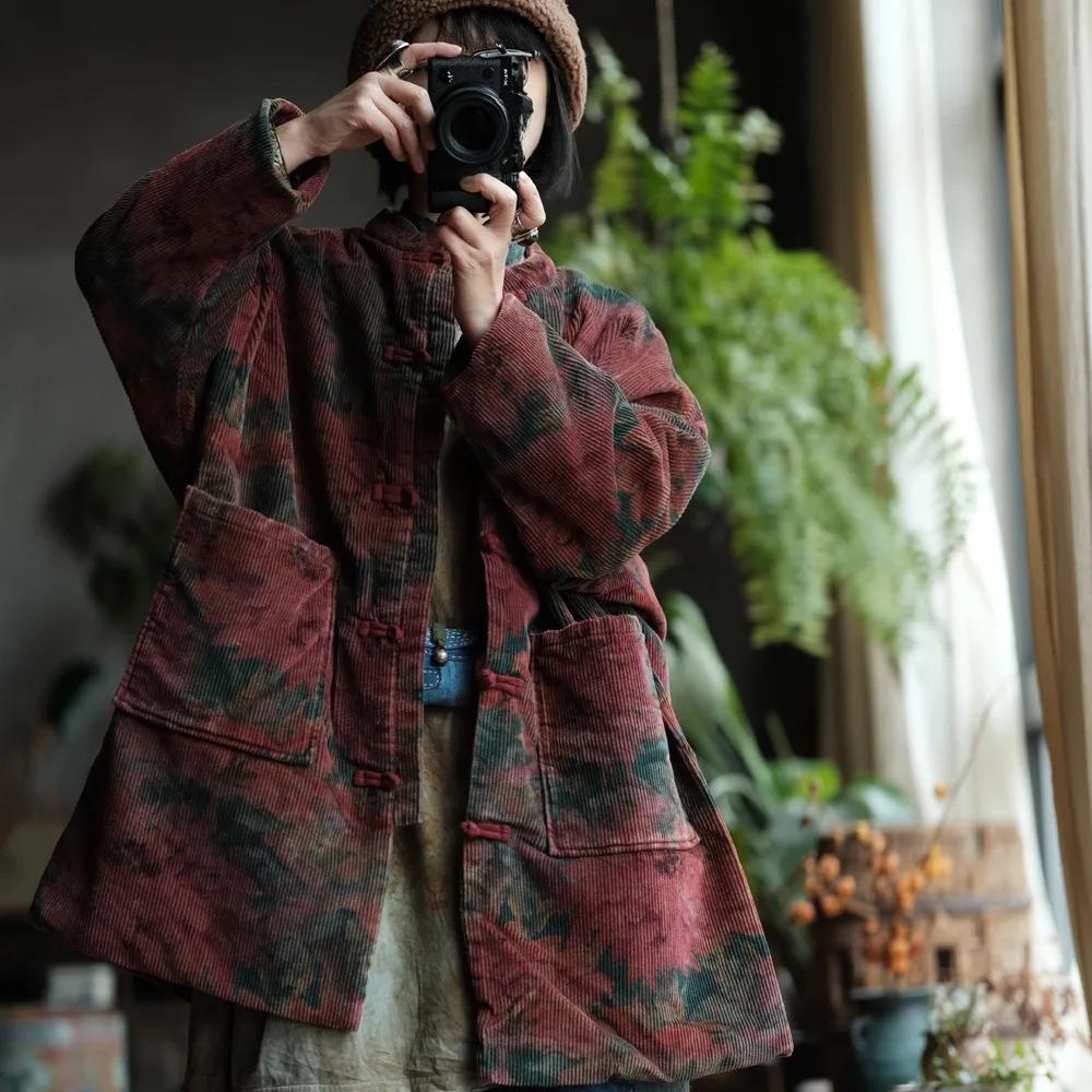 Johnature Women Vintage Corduroy Print Floral Button Patchwork Pockets Winter Coats Warm Coats