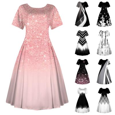 Damen Casual Fashion Kleid Vintage Bedruckt Rundhals Kurzarm Taillen Midi Lang Big Swing Kleider