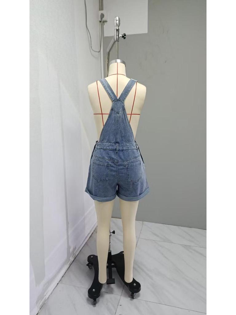 Salopette Corta in Denim da Donna Americano-Europea con Tasche - Vestibilità Slim, Trendy e Cool - Estate 2025