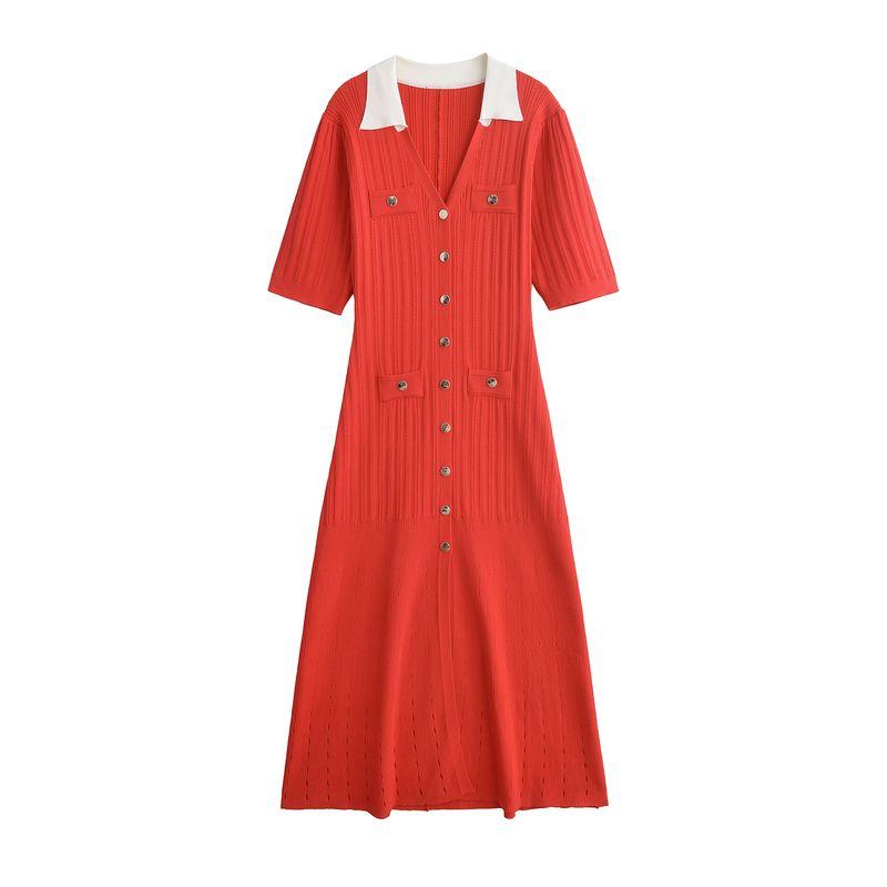 

Spring New Women s Clothing Fashion Ins Style Cut Out Knitting Midi Dress Short Sleeve French Evening Dress Length Dress Orange L