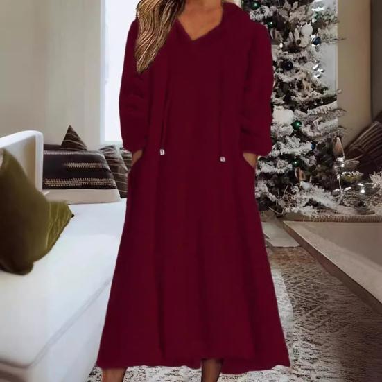 Women Fuzzy Fleece Midi Dress Fall Winter Warm Plush Dress Long Sleeve Hooded Drawstring Sweatshirt Dress with Pockets
