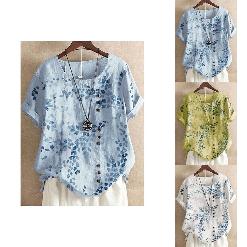 Ladies' Plus Size Floral Print Top Made From Soft Breathable Cotton Linen