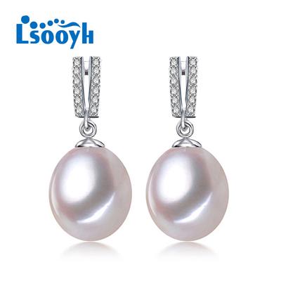 LSOOYH 8-9mm White Natural Freshwater Pearl Earrings Fashion Cubic Zirconia Long Earrings For Women