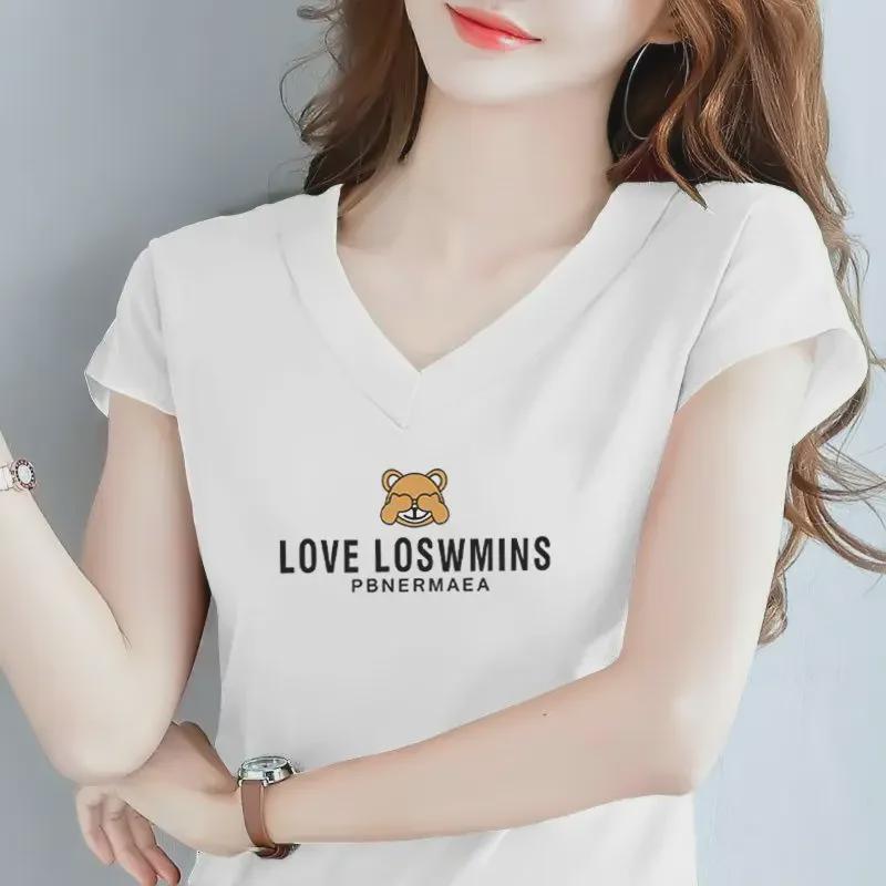 Damen 2024 V-Ausschnitt Lockeres Kurzarm-T-Shirt aus reiner Baumwolle - Sommeroberteil in Übergröße